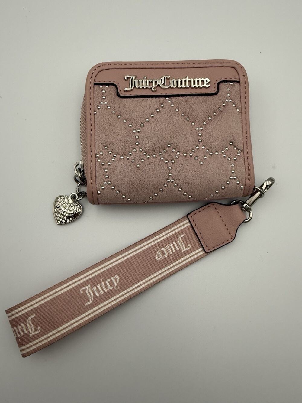 Juicy Couture Pink Studded Suede Zip Around Wallet Wristlet Heart Charm